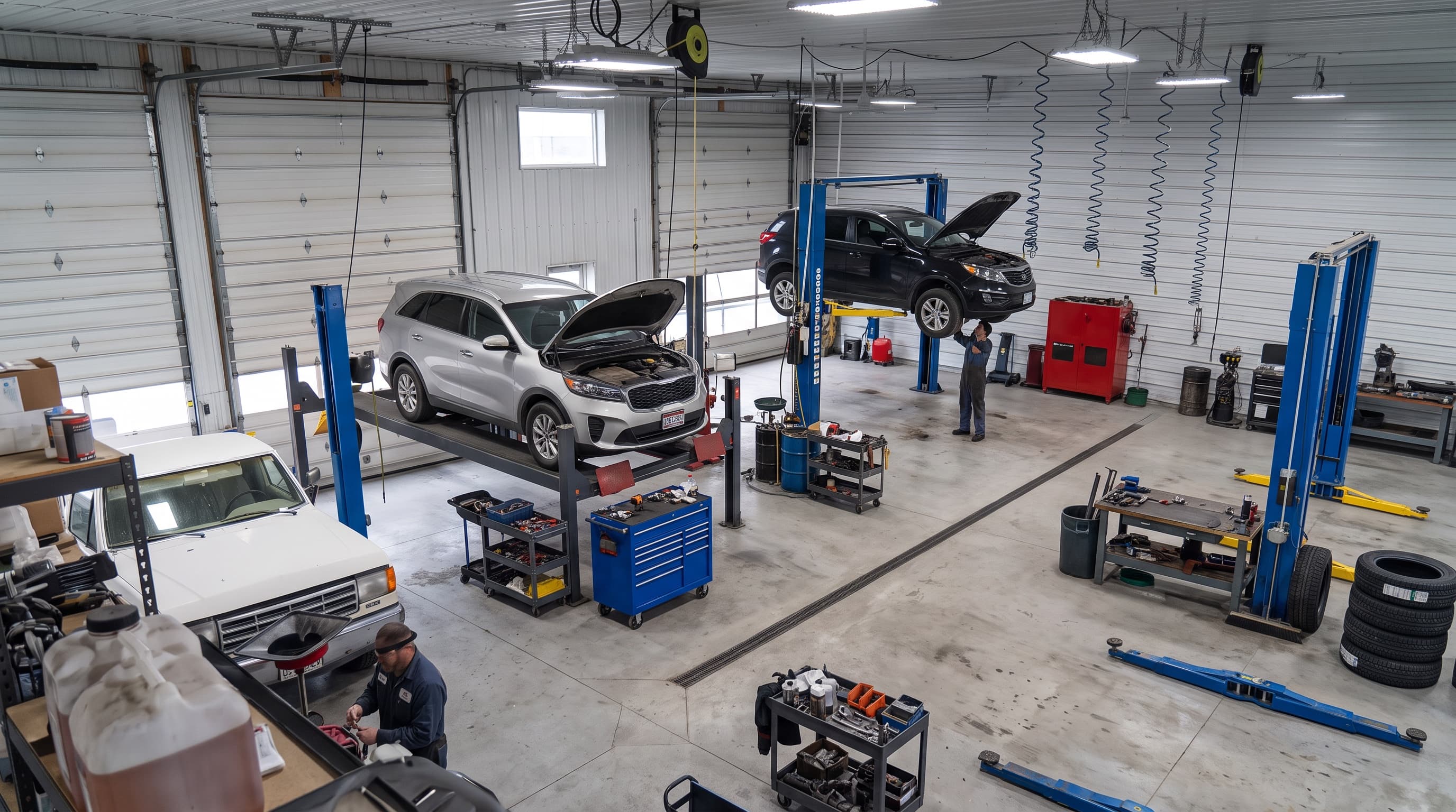 Inside a busy auto repair shop with technicians servicing vehicles on lifts